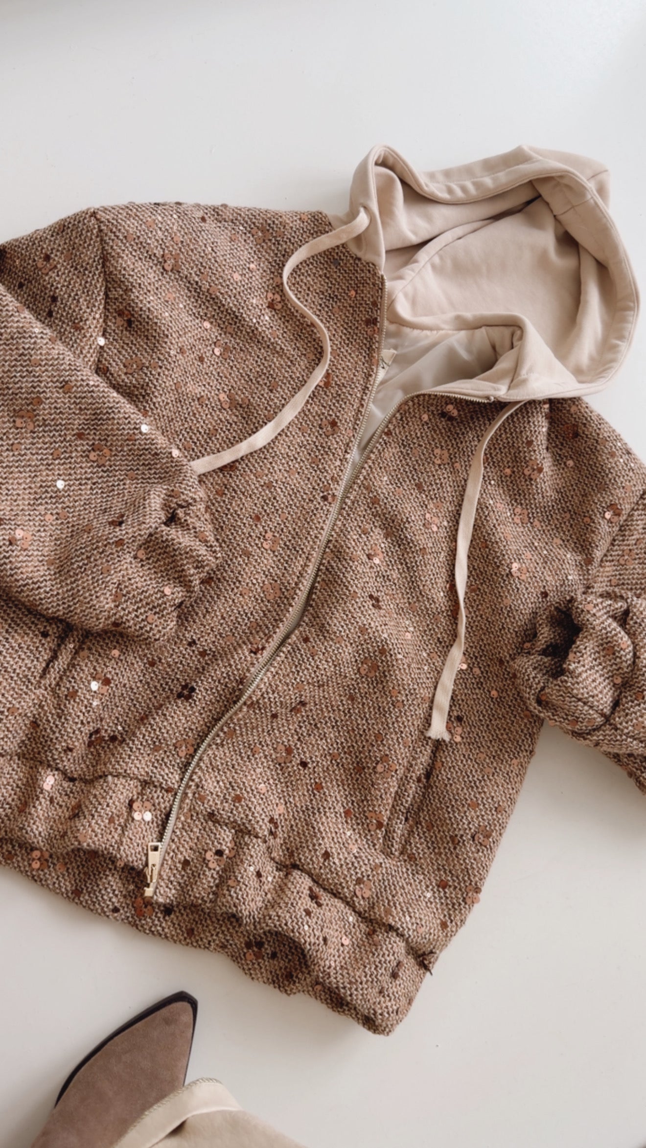 Midi Jacke Pailletten mit Kapuze
