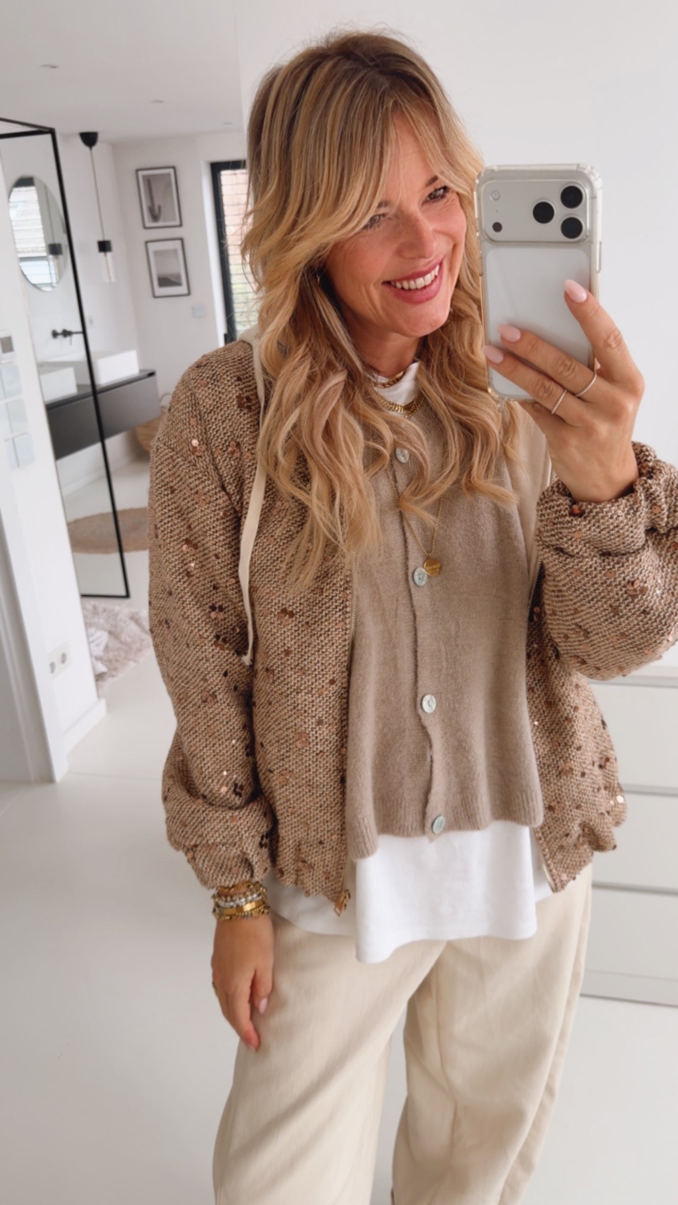 Midi Jacke Pailletten mit Kapuze