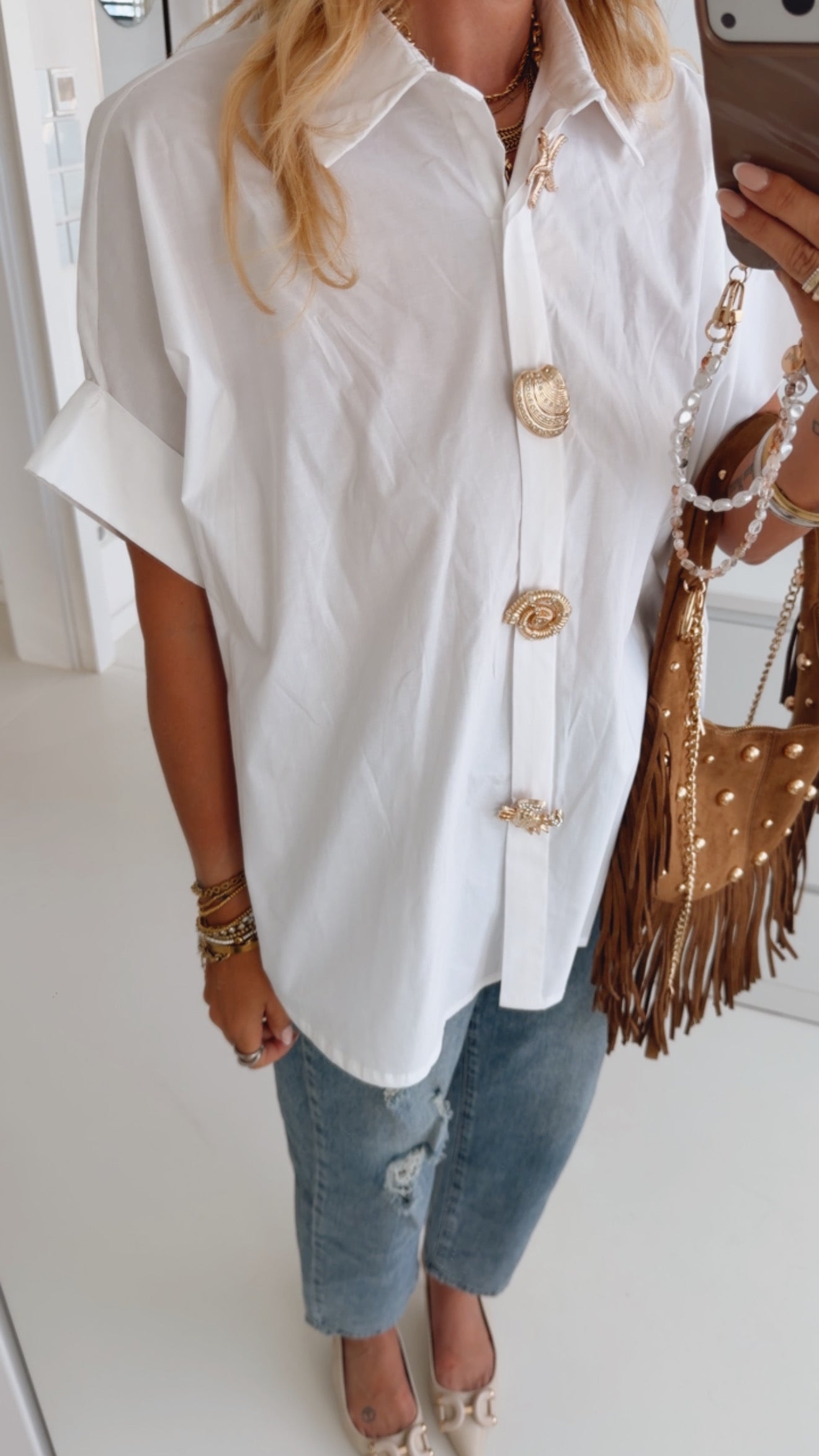 Hemd Bluse Statement Buttons Kurzarm