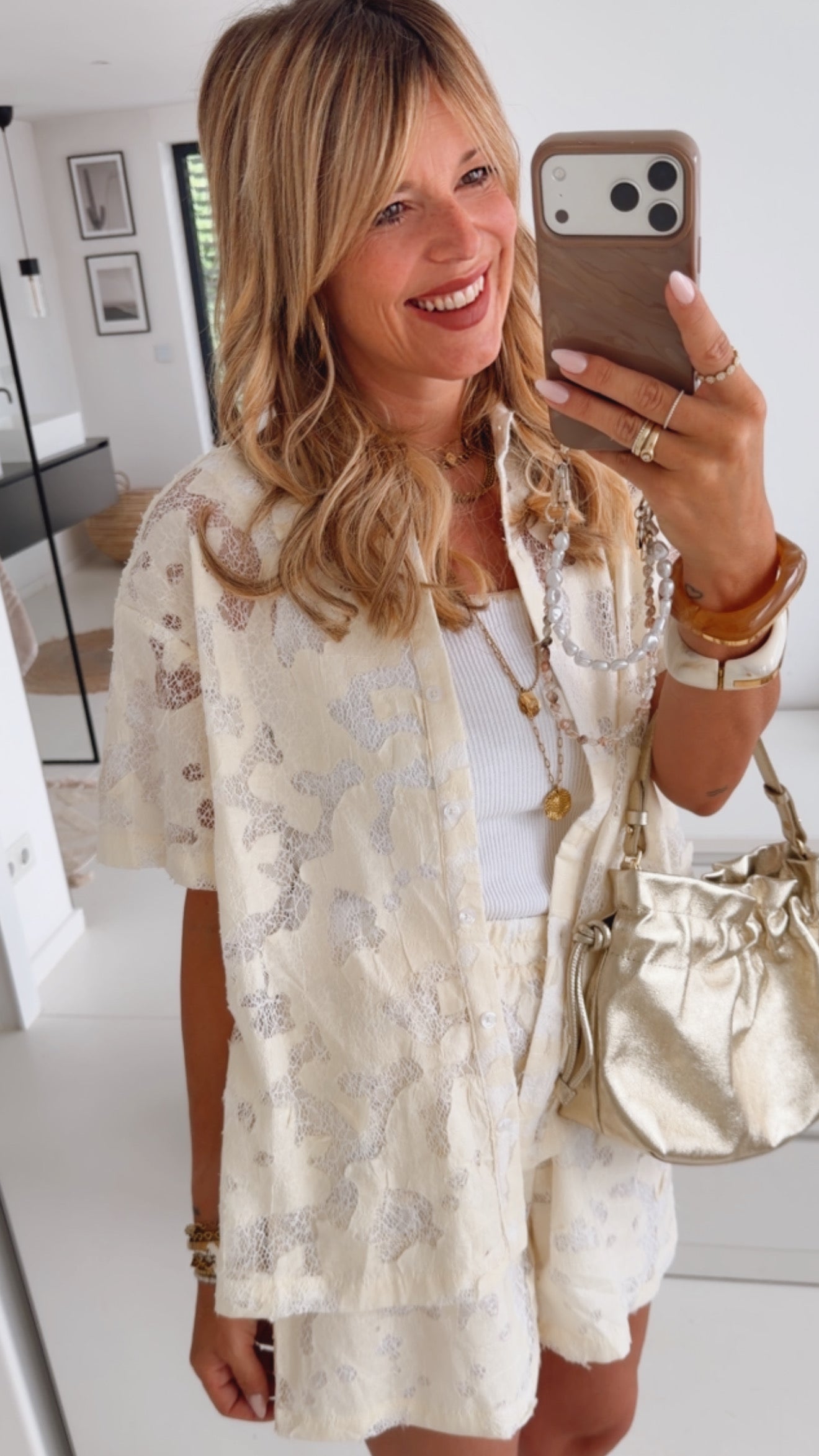 Structured Lace Kurzarm Hemd