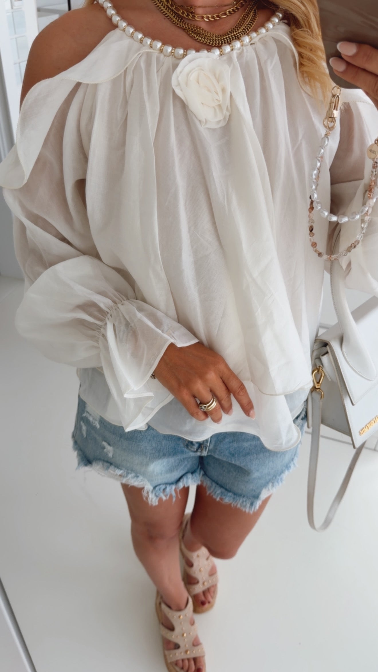 Offshoulder Shirt Pearls and Volants