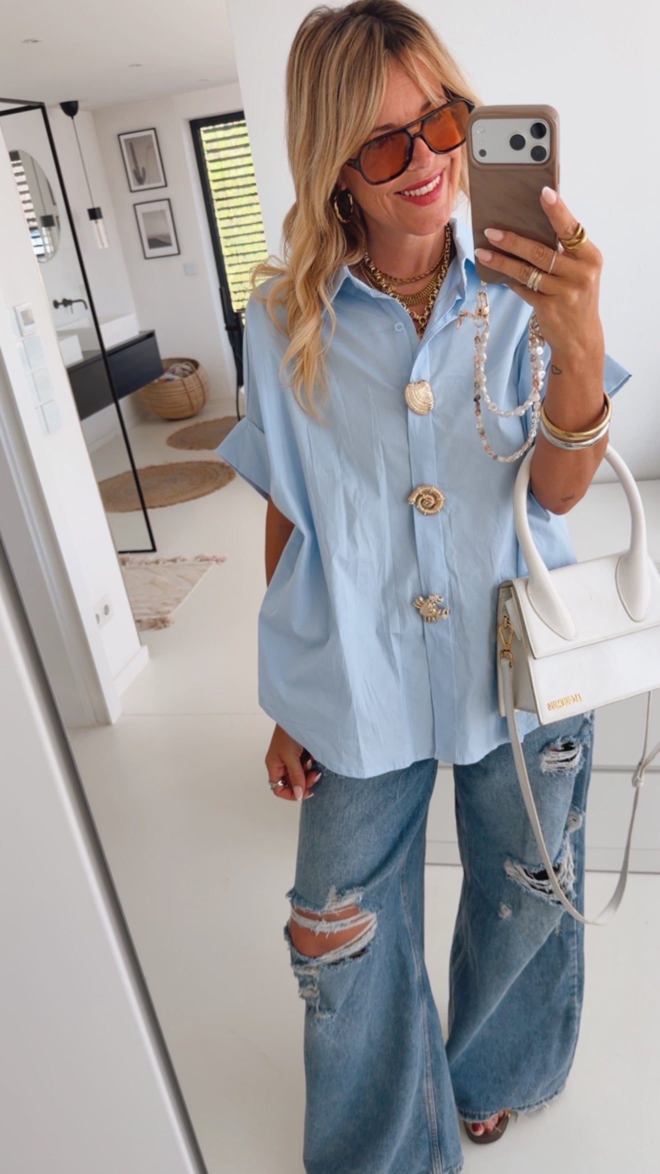 Hemd Bluse Statement Buttons Kurzarm