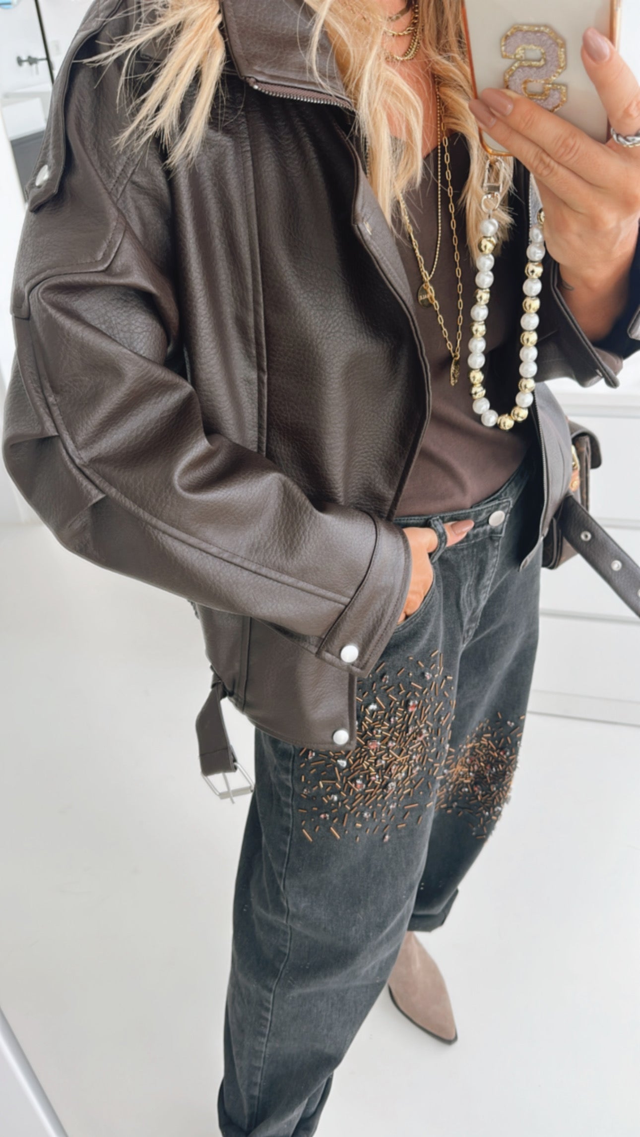 Midi Jacke Lederoptik mit Gürtel
