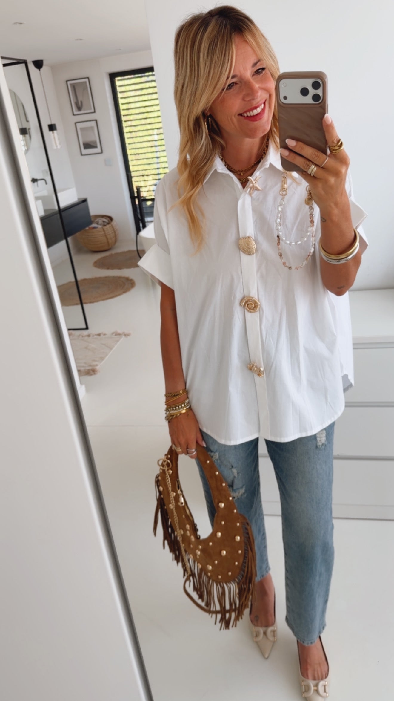 Hemd Bluse Statement Buttons Kurzarm