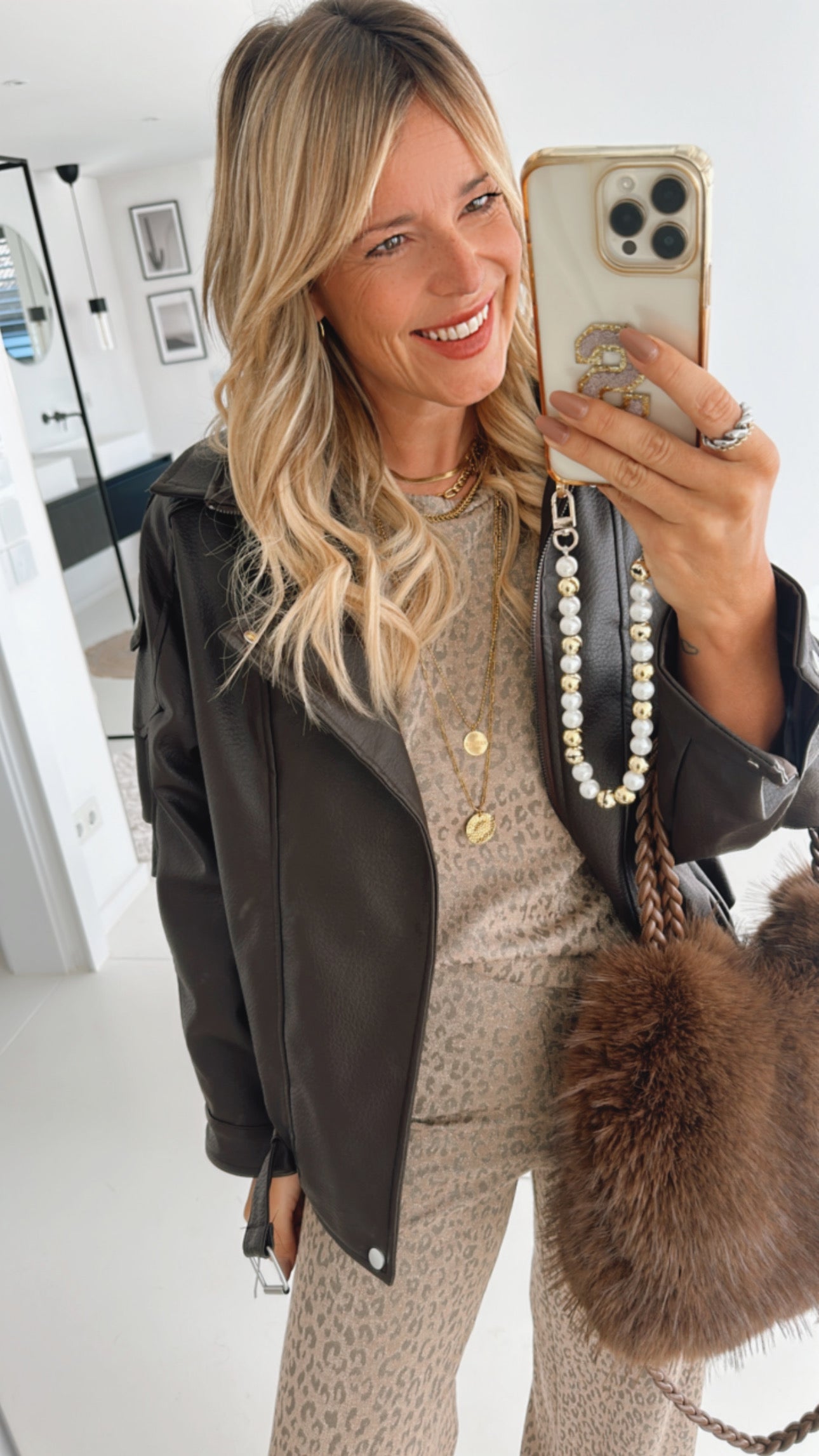 Midi Jacke Lederoptik mit Gürtel