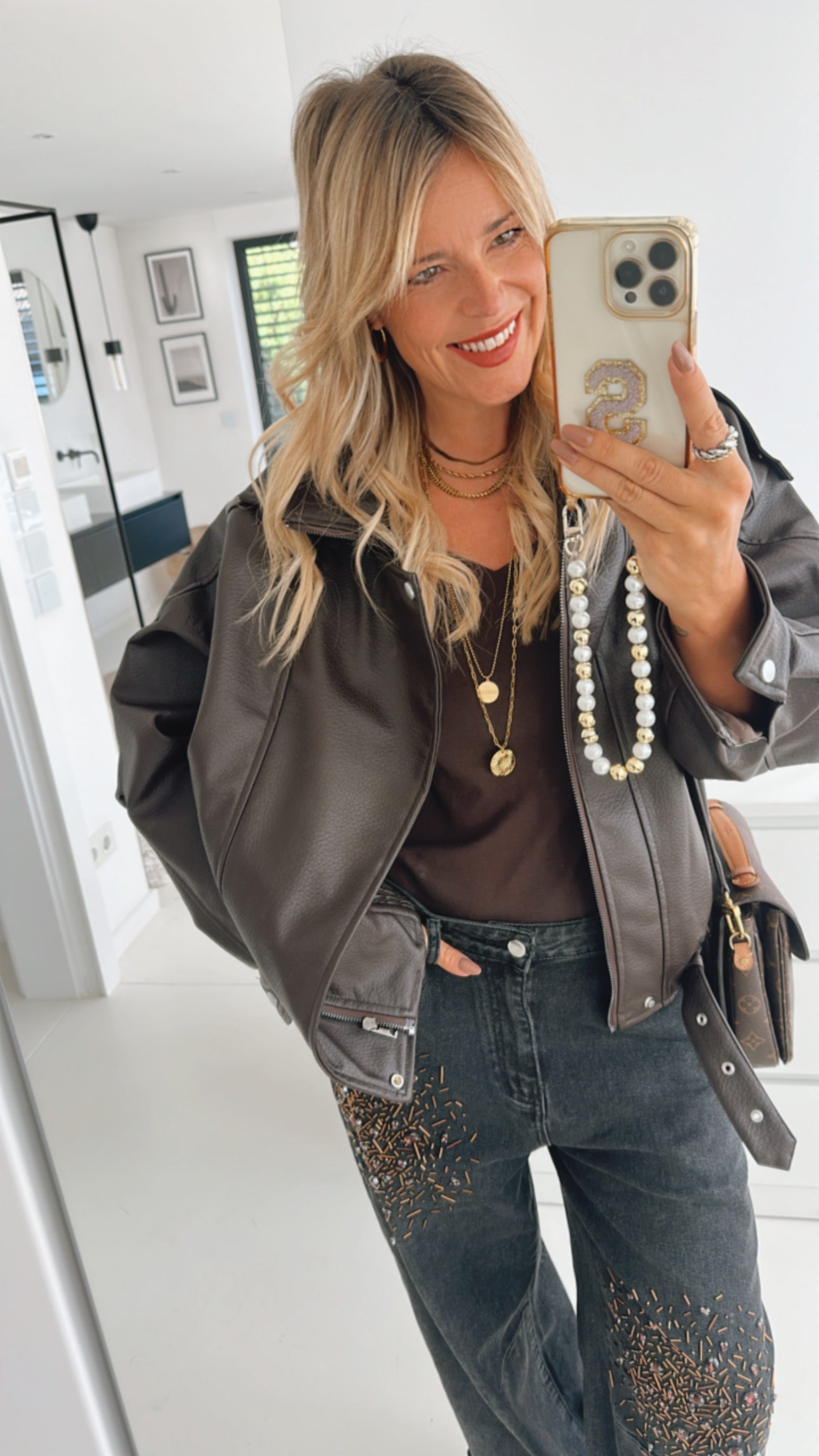 Midi Jacke Lederoptik mit Gürtel