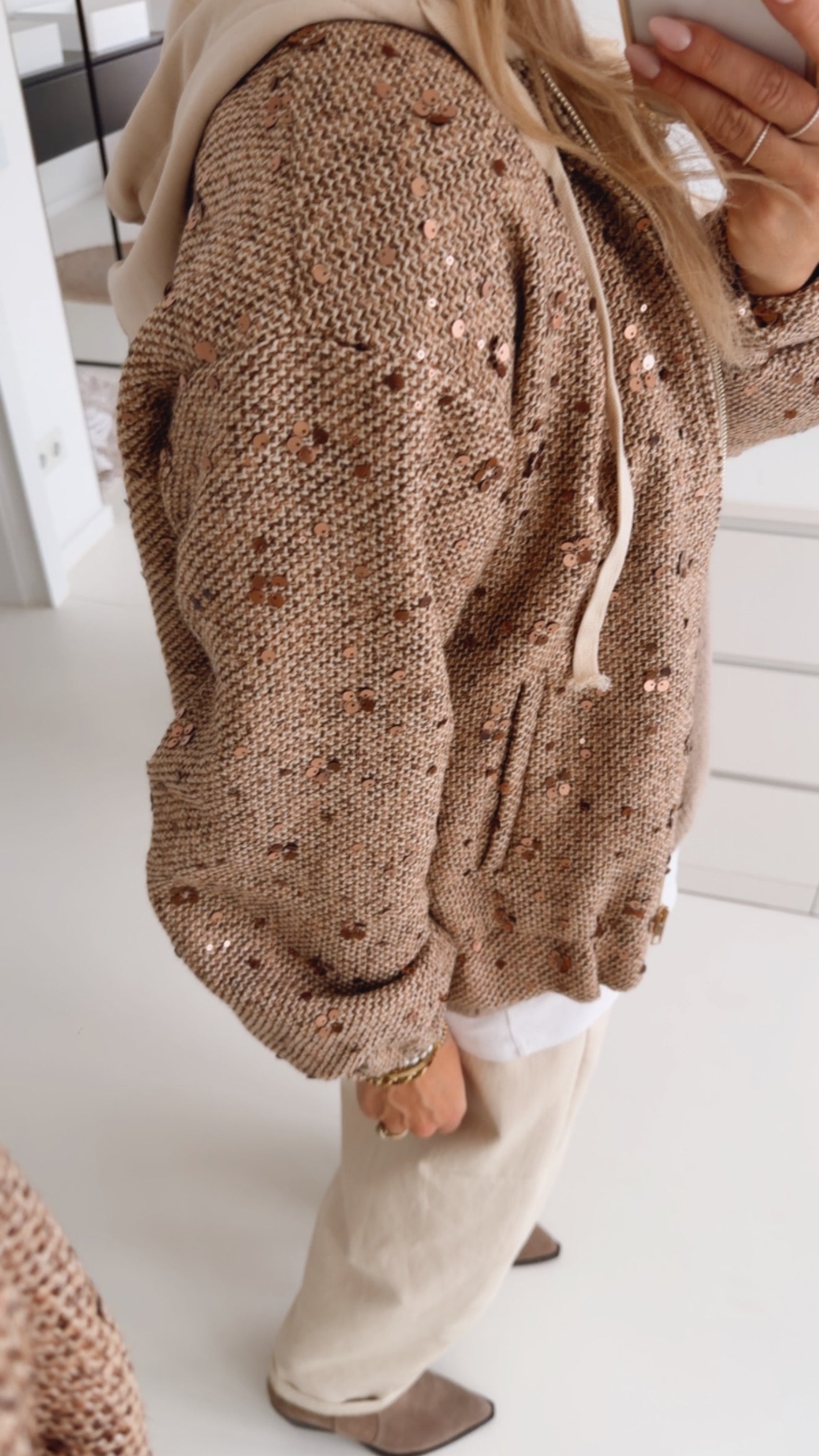 Midi Jacke Pailletten mit Kapuze