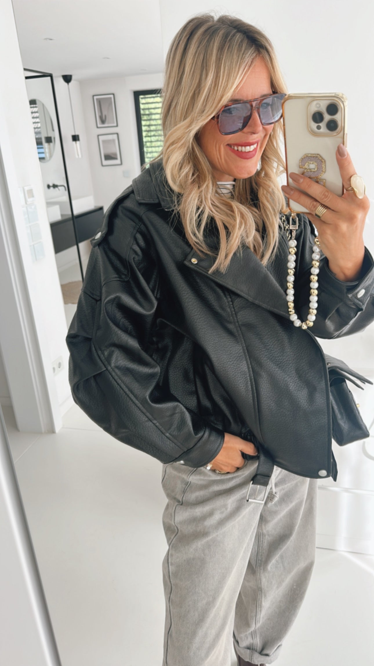 Midi Jacke Lederoptik mit Gürtel