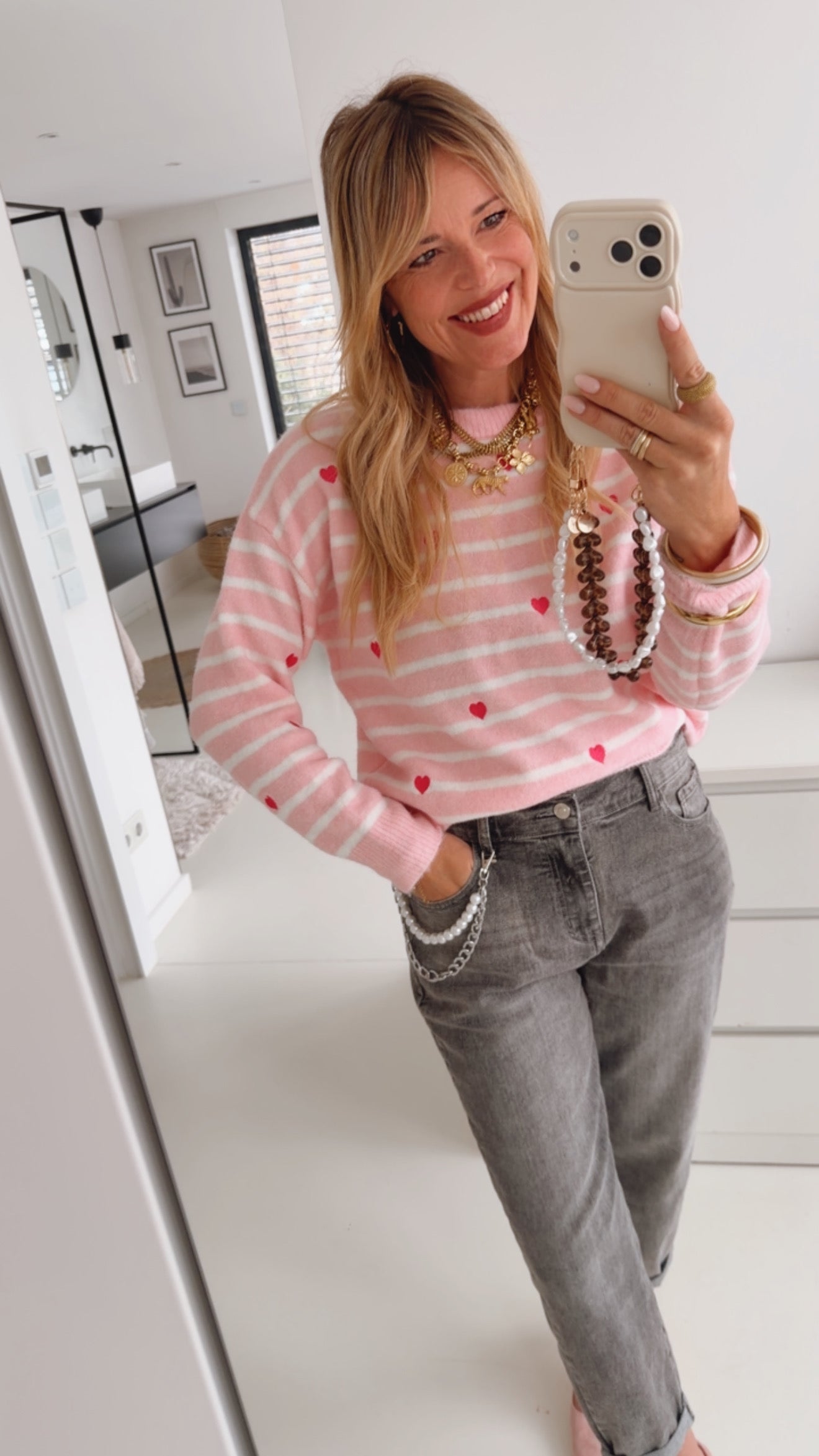 Midi Strick Pulli Hearts/Stripes