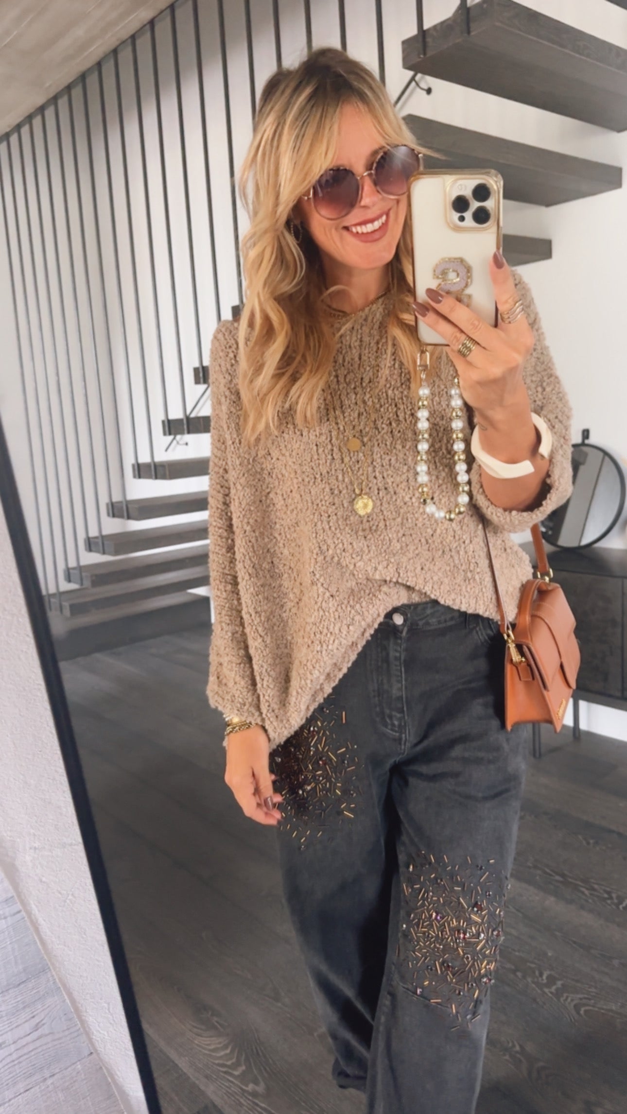 Grobstrick V-Neck Pulli Dreiviertelarm