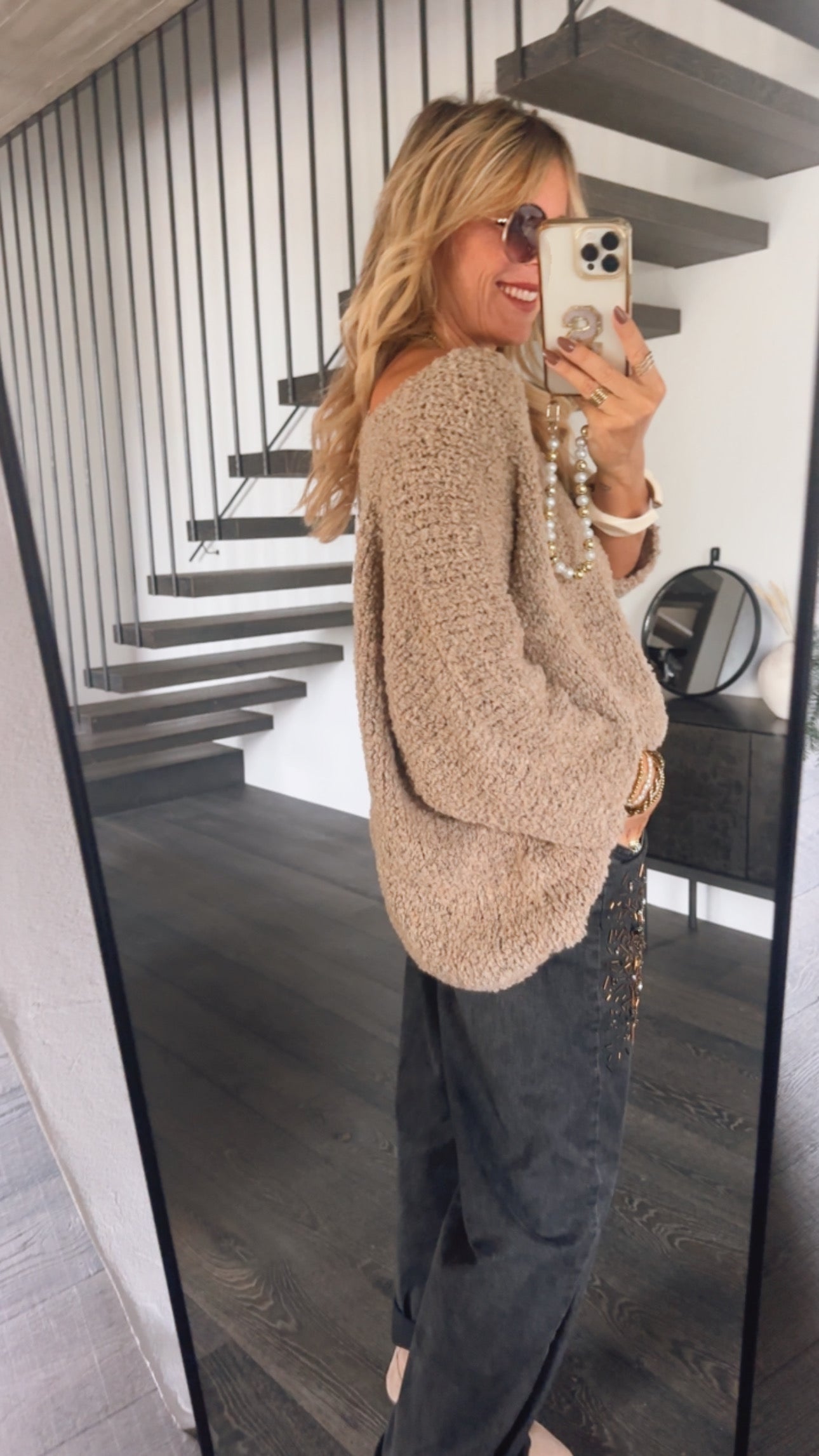 Grobstrick V-Neck Pulli Dreiviertelarm