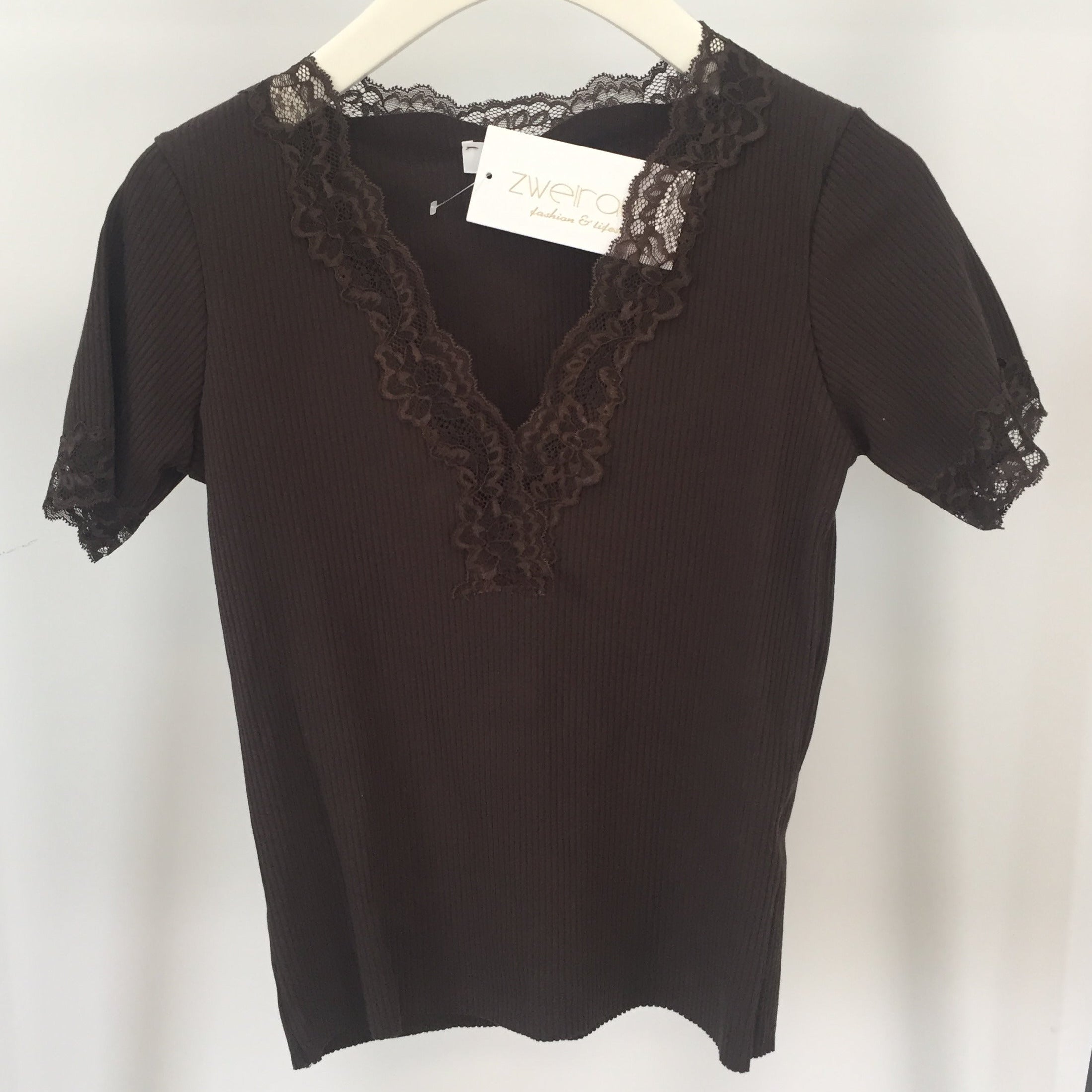 Ribbed Shirt Lace V-Neck