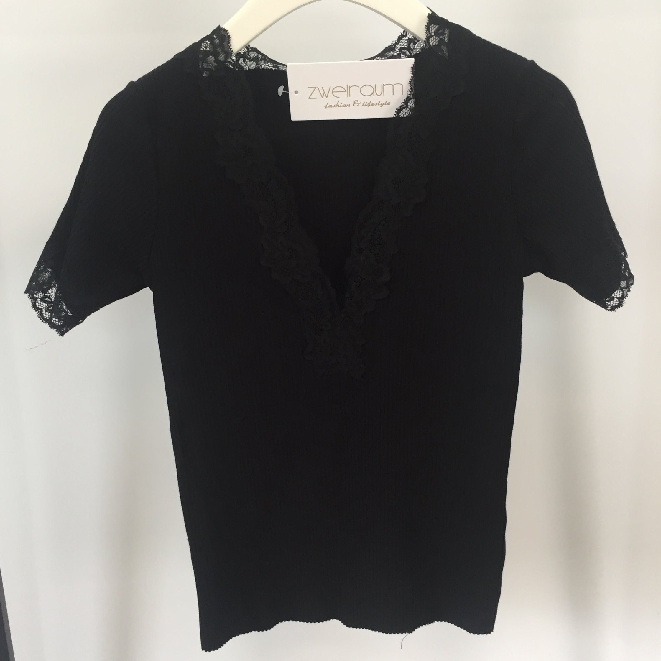 Ribbed Shirt Lace V-Neck