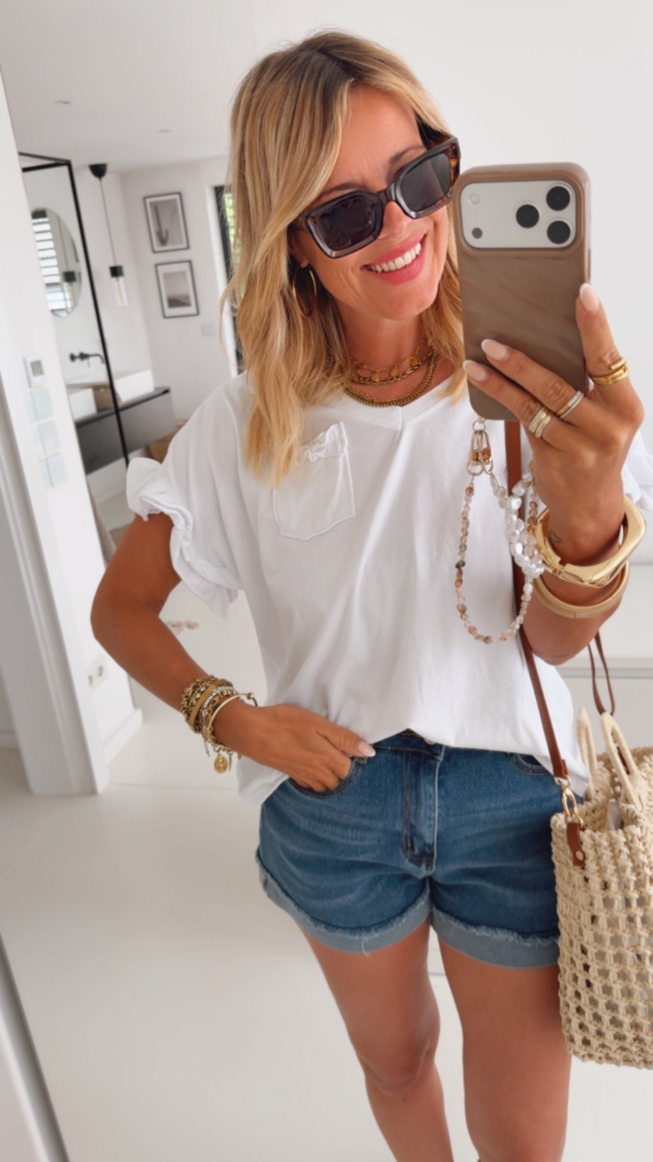 Shirt V-Neck Rüschenarm
