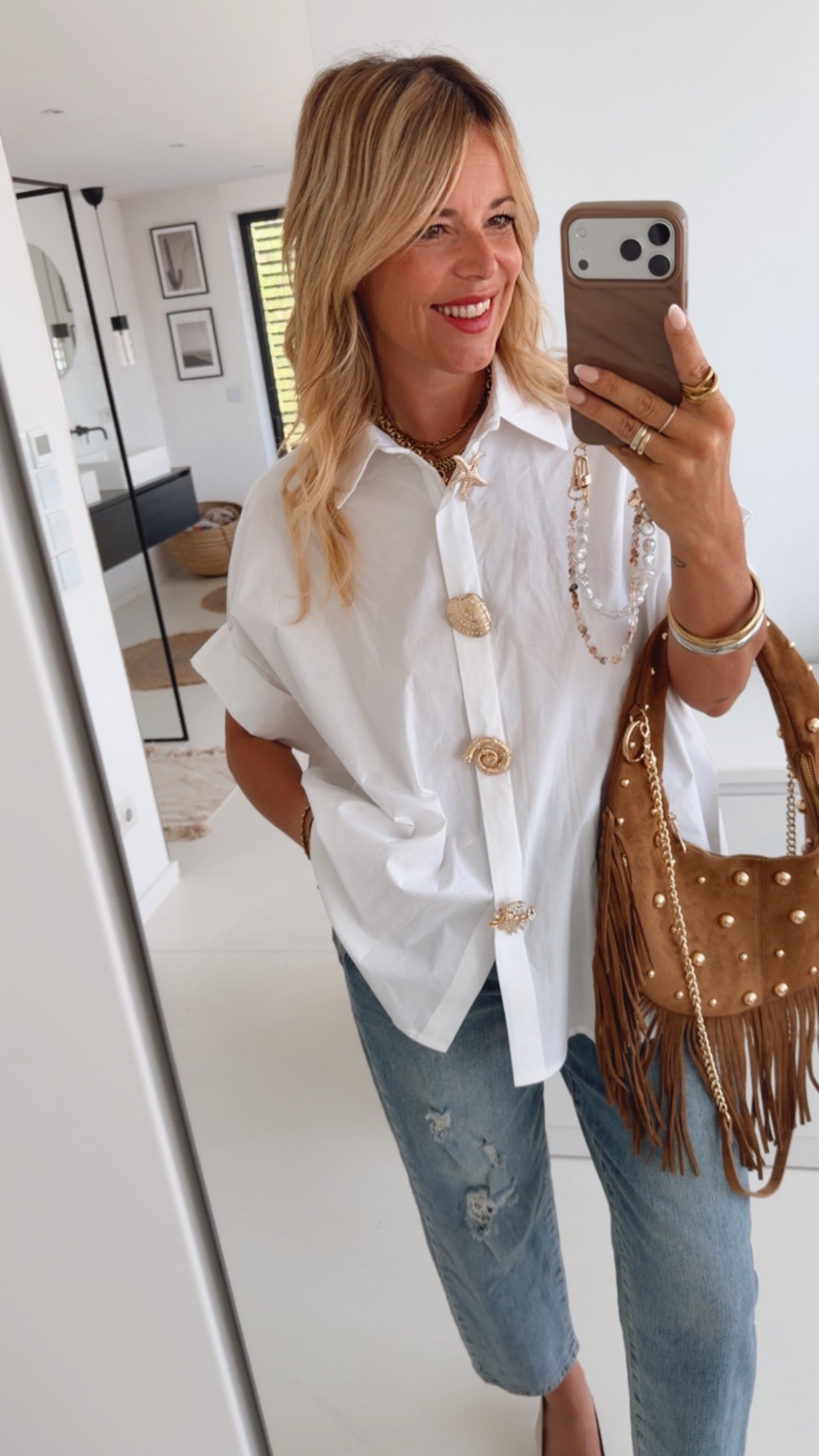 Hemd Bluse Statement Buttons Kurzarm