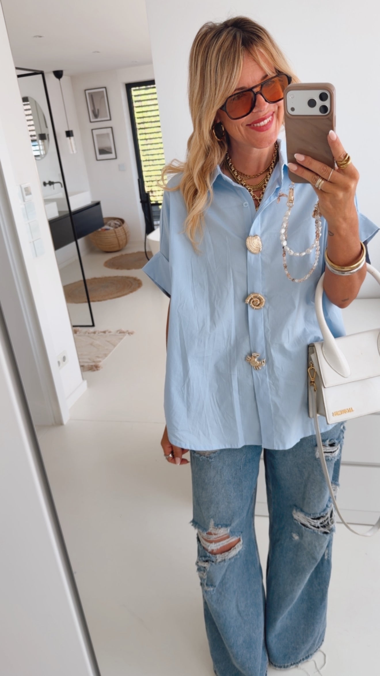 Hemd Bluse Statement Buttons Kurzarm