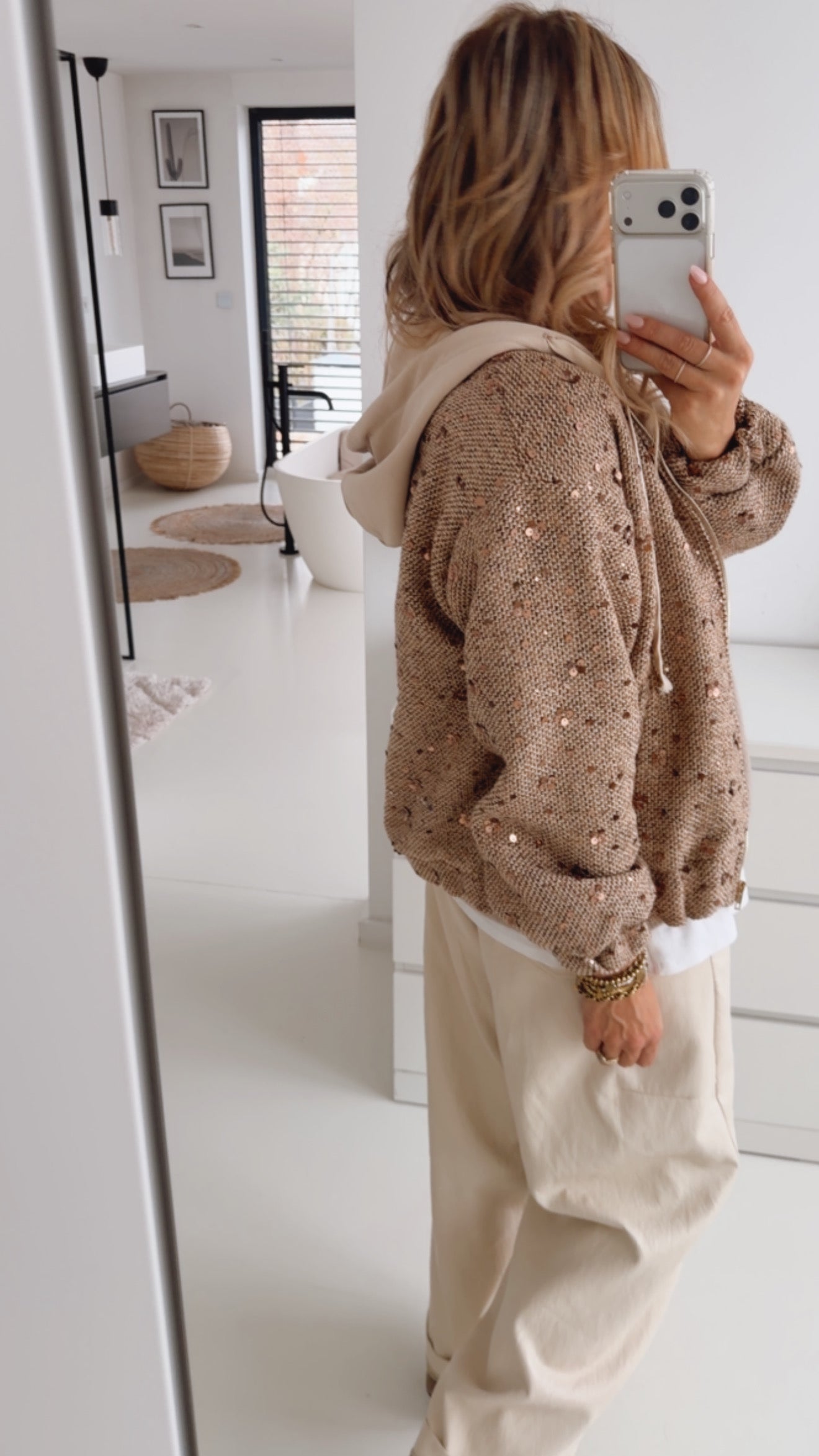 Midi Jacke Pailletten mit Kapuze