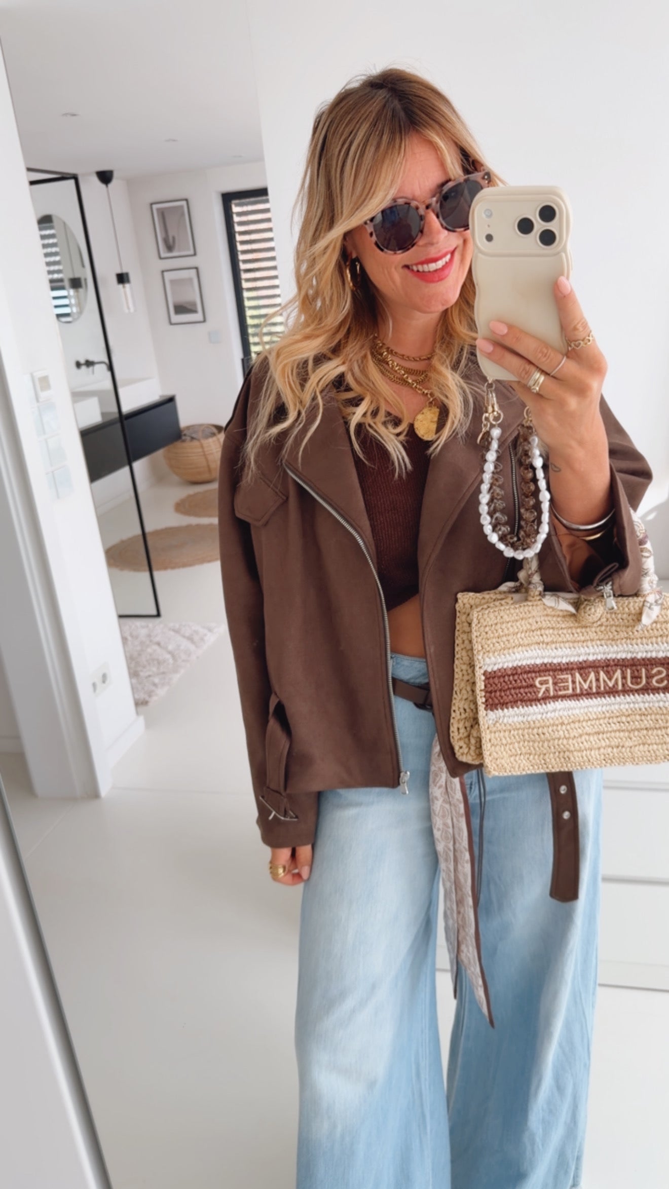 Midi Jacke Belt Wildlederoptik