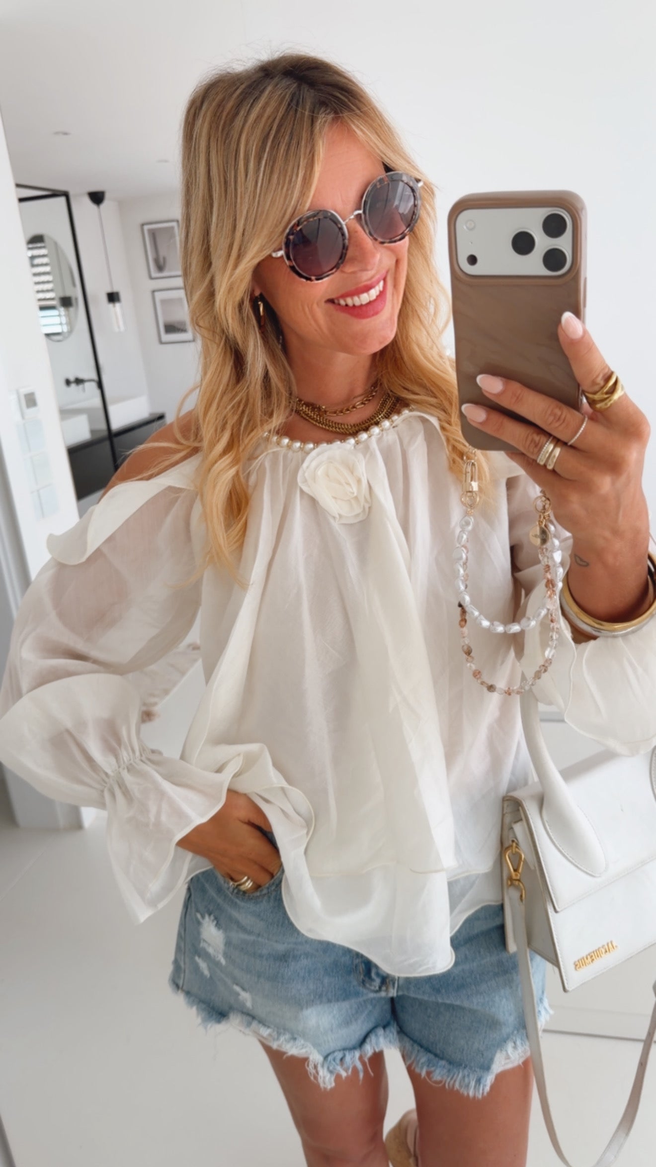 Offshoulder Shirt Pearls and Volants