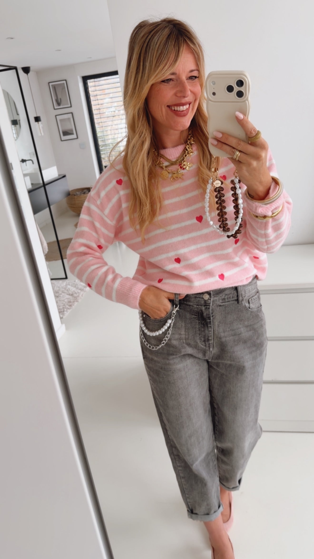 Midi Strick Pulli Hearts/Stripes
