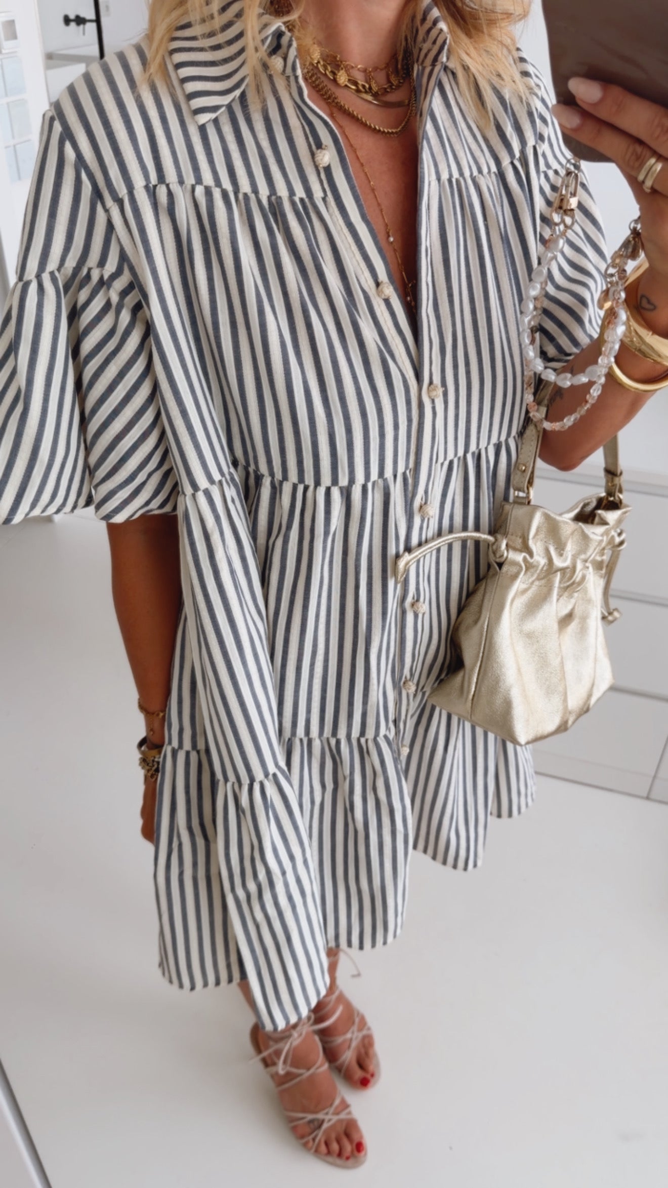 Midi Kleid Stripes mit Statement Knöpfen