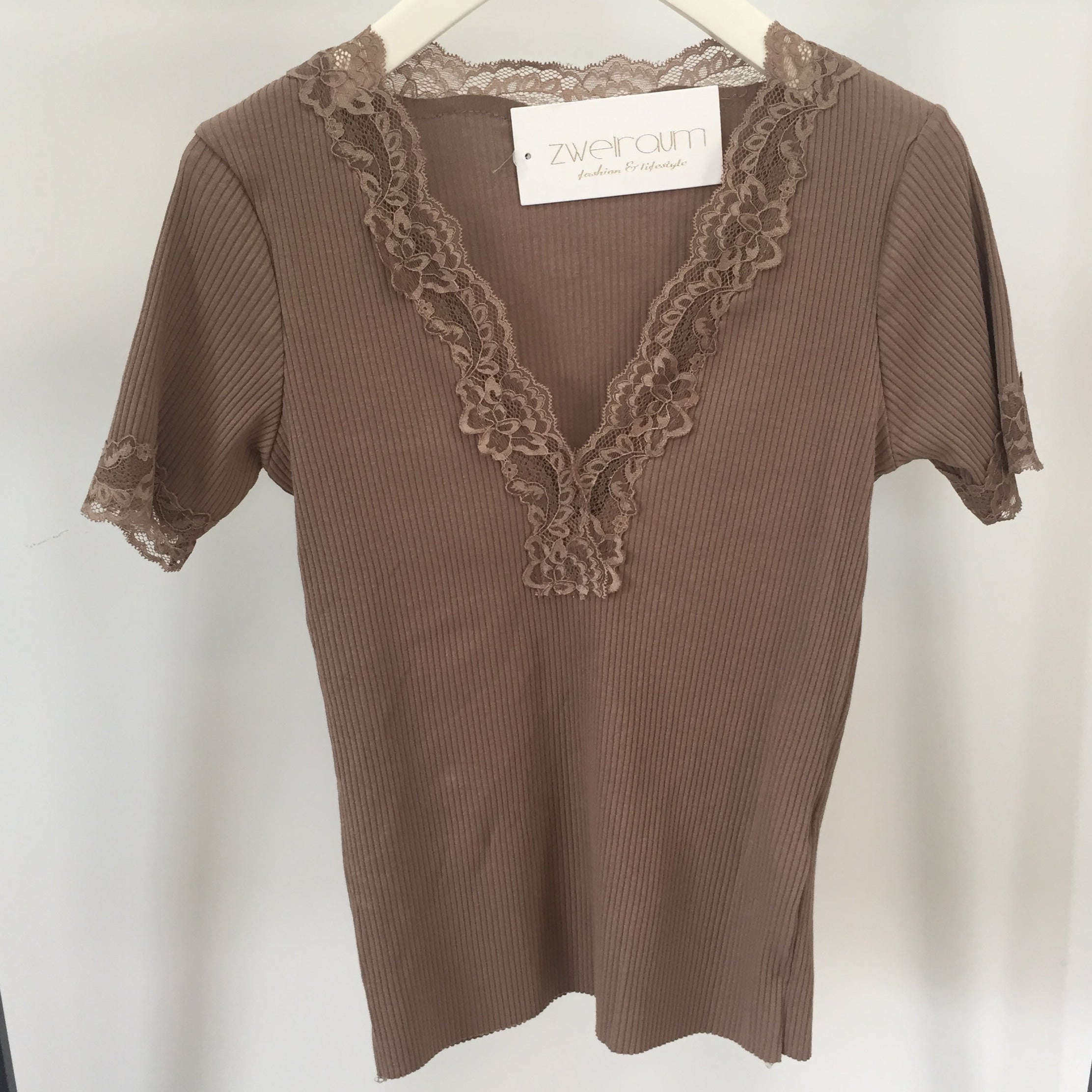 Ribbed Shirt Lace V-Neck